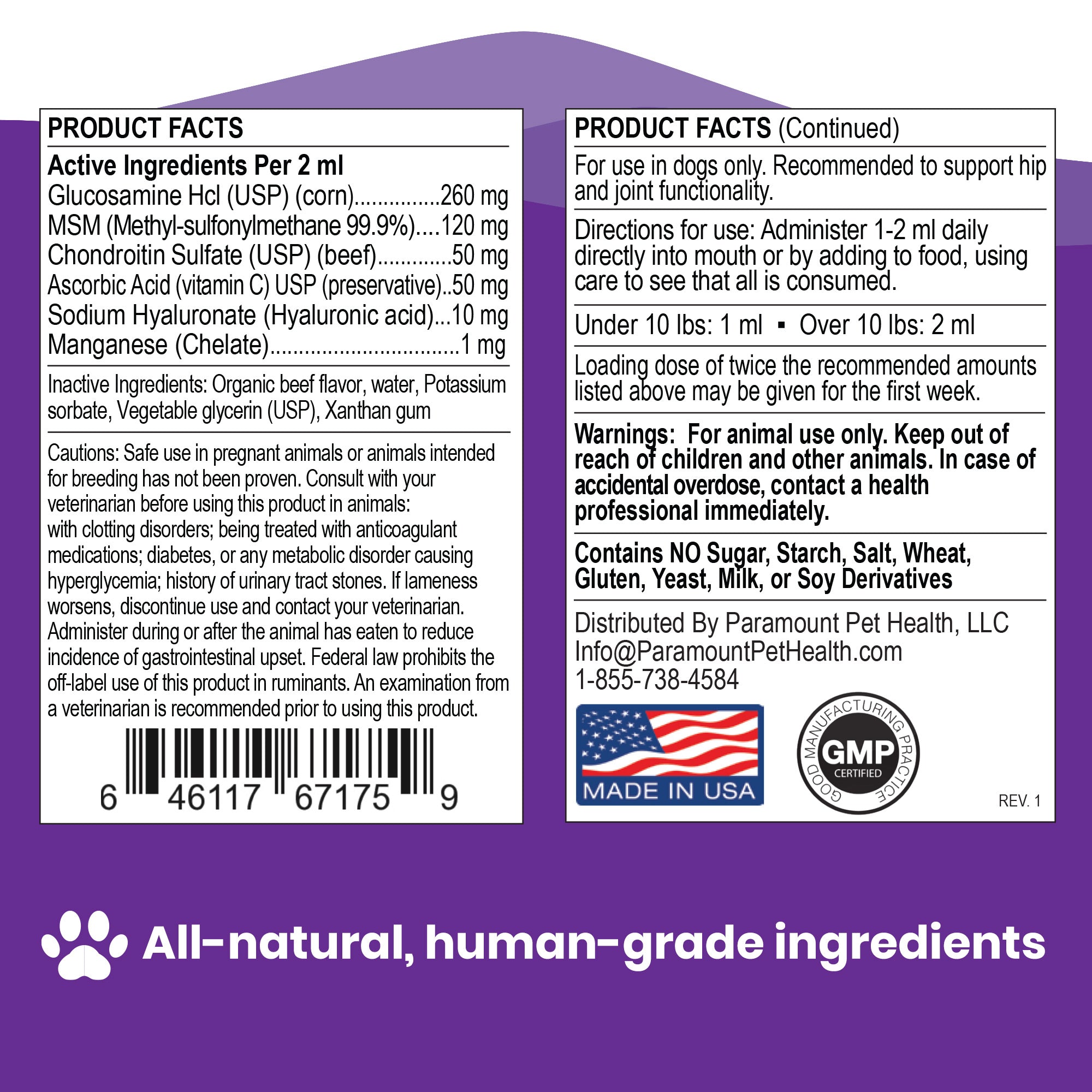 liquid glucosamine for small dogs ingredient panel